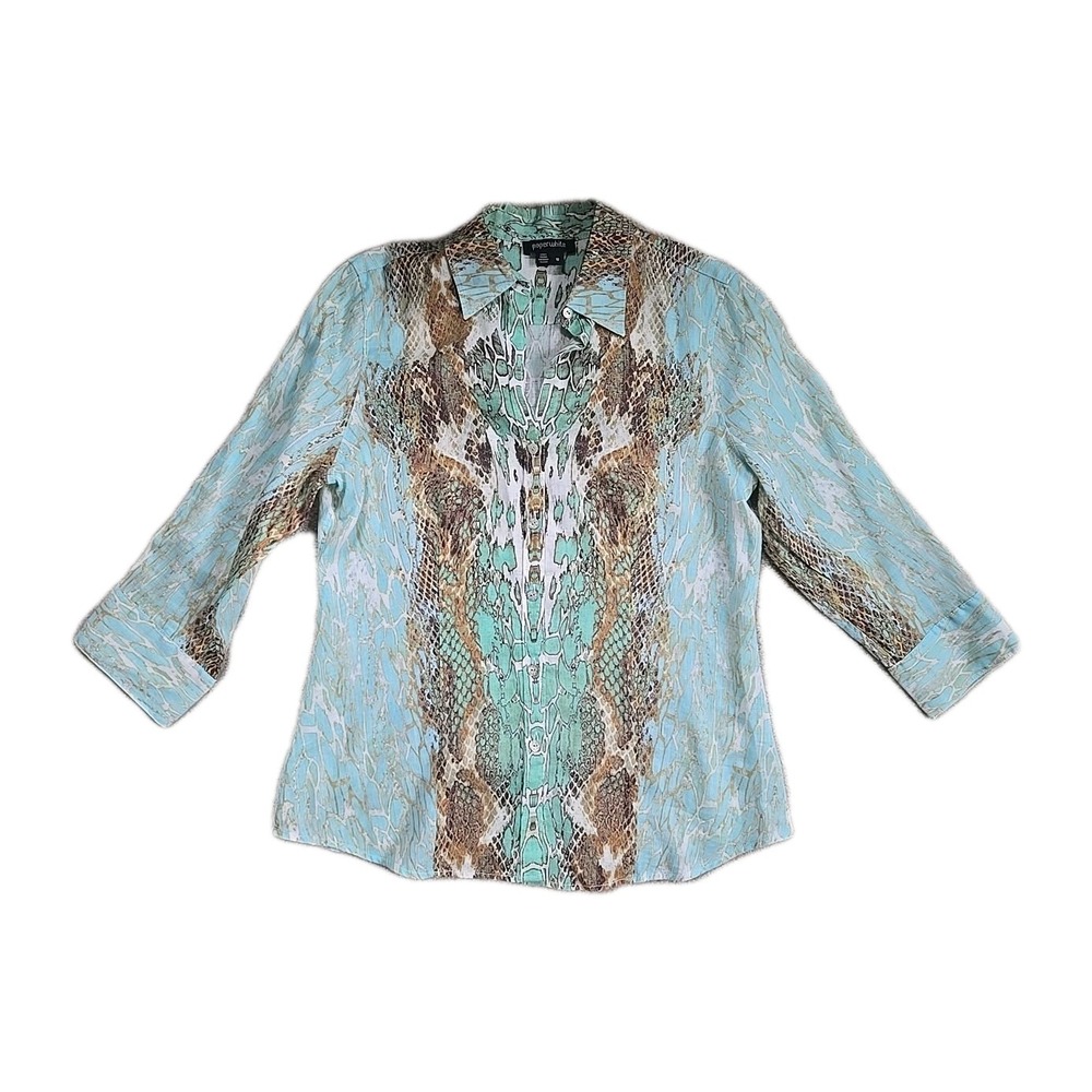 Paperwhite‎ Snake Priny Linen Button shirt Womens Sz 10 Blue Green Long Sleeves